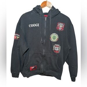 Vintage COOGI Black Zip-Up Hoodie with Embroidered Patches 90s Size XXL Big Tall